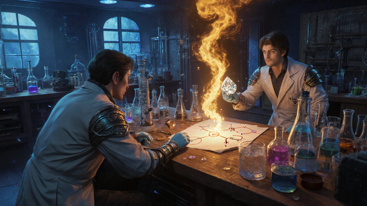 1970s lab scene with chemists adding dimethoxy to a cephalosporin molecule, glowing aura.