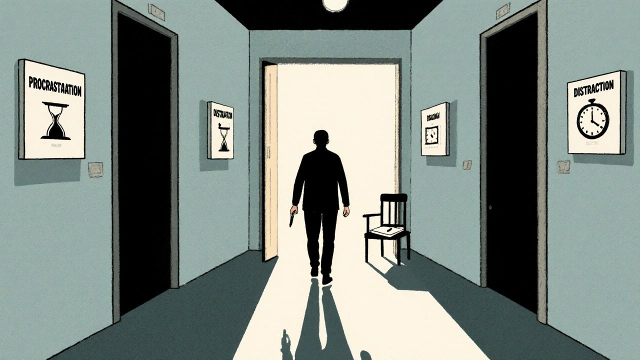 A person walking past doors of distractions toward an open door with sunlight and a notebook.