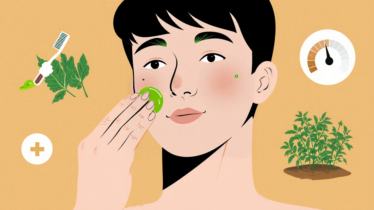 A person with clear skin applying neem oil, with subtle icons of blood sugar and oral health.