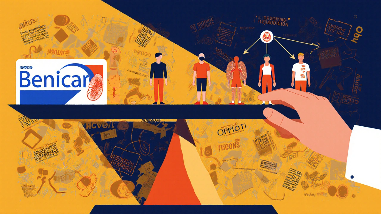 A surreal balance scale comparing Benicar to alternative blood pressure drugs, each represented by symbolic human figures.