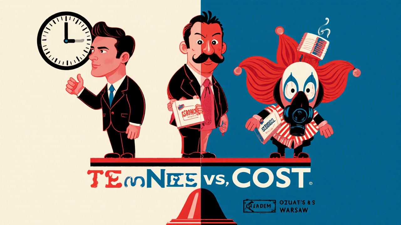Anthropomorphic testosterone gels compared: Cernos (clean), Testogel (slow), Androgel (loud clown).