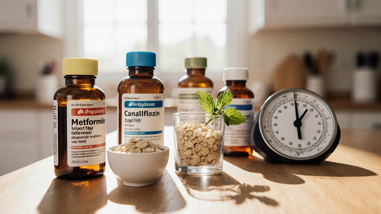Assorted diabetes medication bottles displayed with symbolic items hinting at their effects.