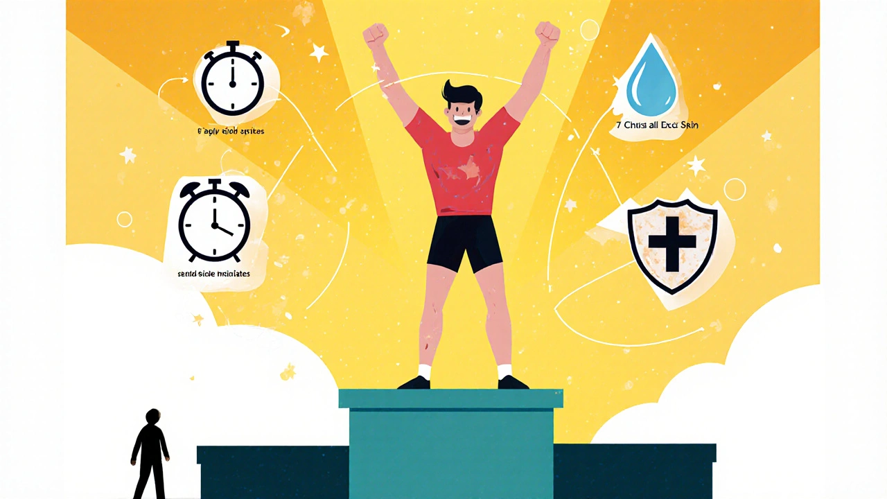 Athlete on podium surrounded by icons for fast relief, safety, and contraindications.