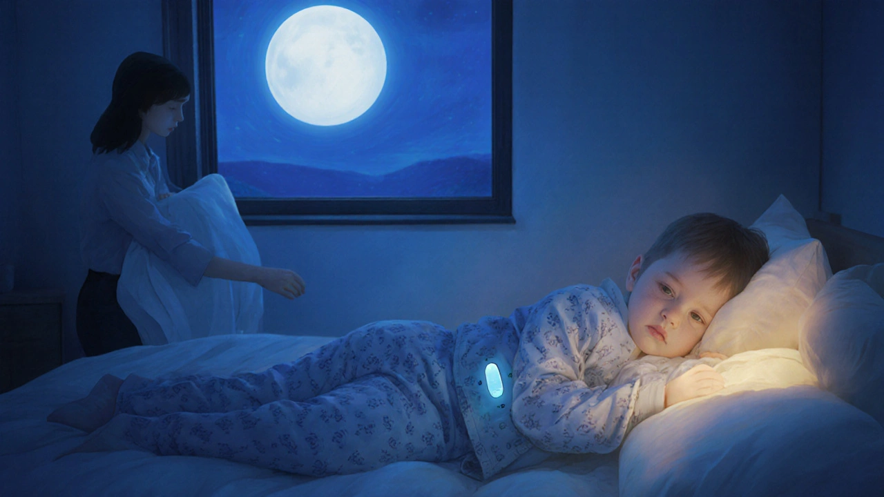 Child sleeping with an enuresis alarm in a softly lit bedroom, parent gently changing bedding.
