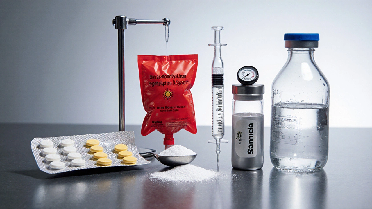 Collage of hyponatremia treatments: demeclocycline pills, IV conivaptan, hypertonic saline, urea powder, water bottle, and Samsca tablet.