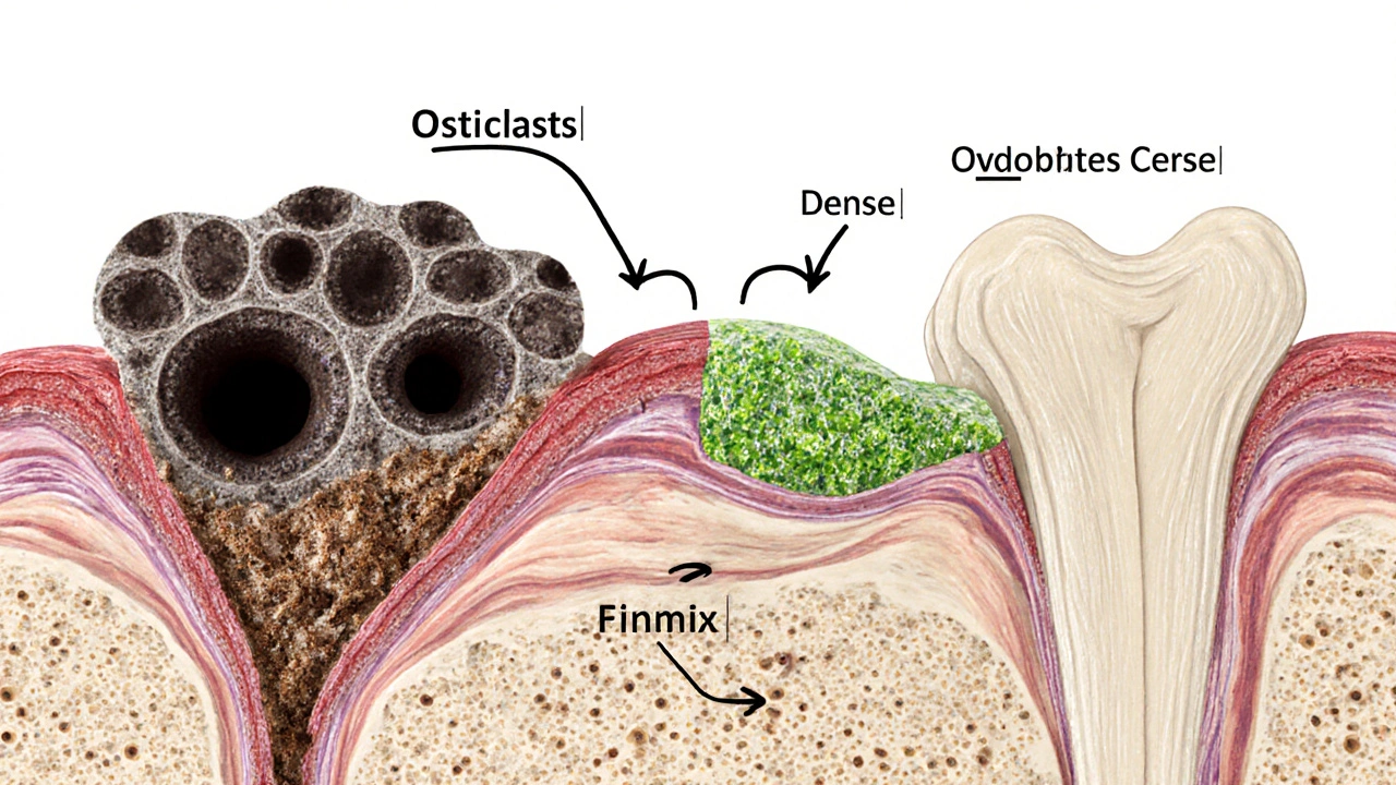 Cross‑section of bone showing osteoclasts resorbing and osteoblasts forming new bone.
