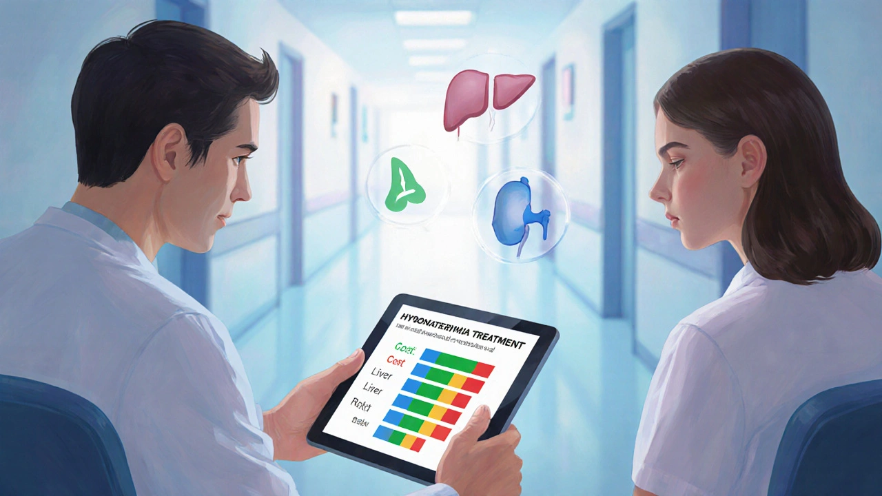 Doctor and patient reviewing a digital chart comparing hyponatremia therapies on a tablet.