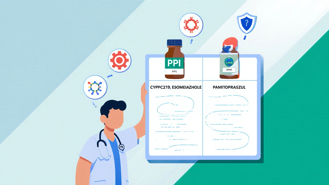Doctor with a chart of three PPI bottles, each with icons for enzyme interaction and protection.