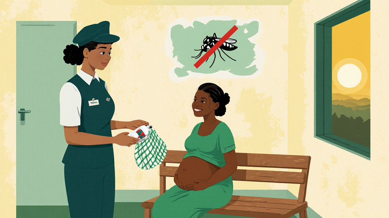 Female health worker giving a net and IPTp medication to a pregnant woman inside a clinic.