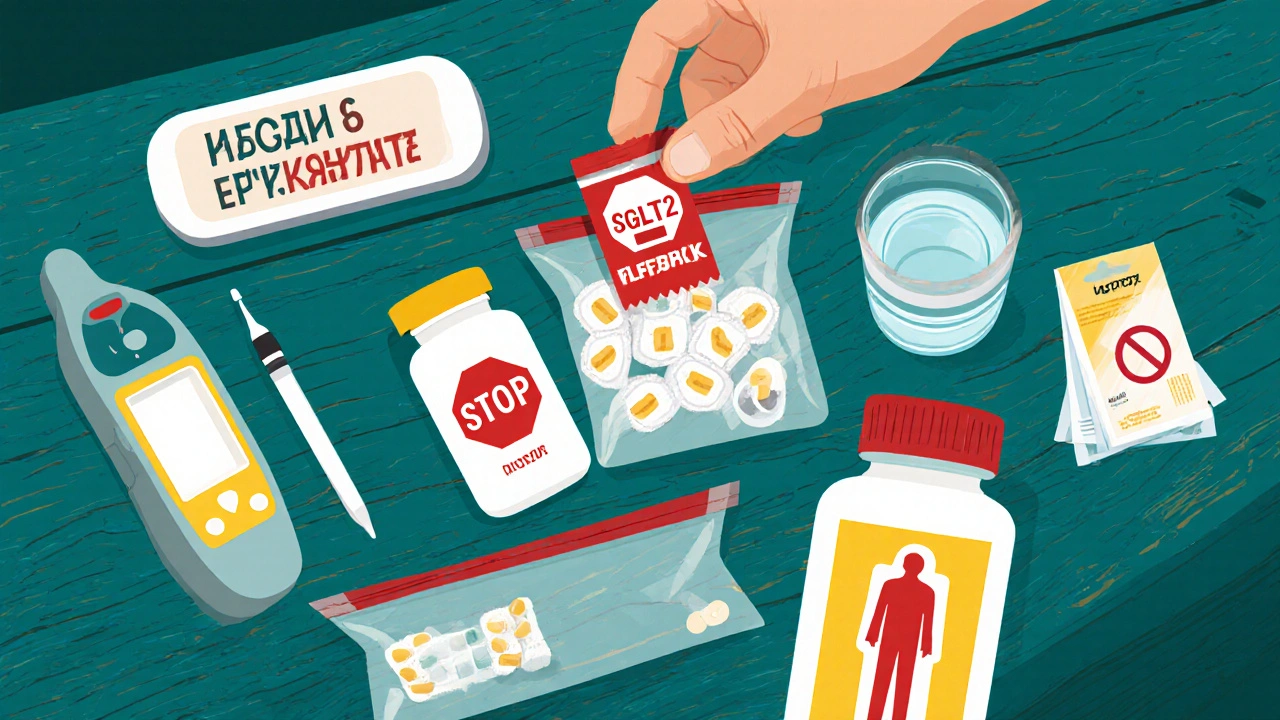 Flat‑lay of a diabetic sick‑day kit with stop sign on a medication bottle.
