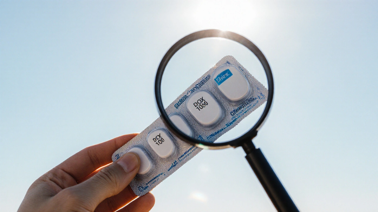 Hand inspecting a blister pack of white doxycycline pills with a magnifying glass.
