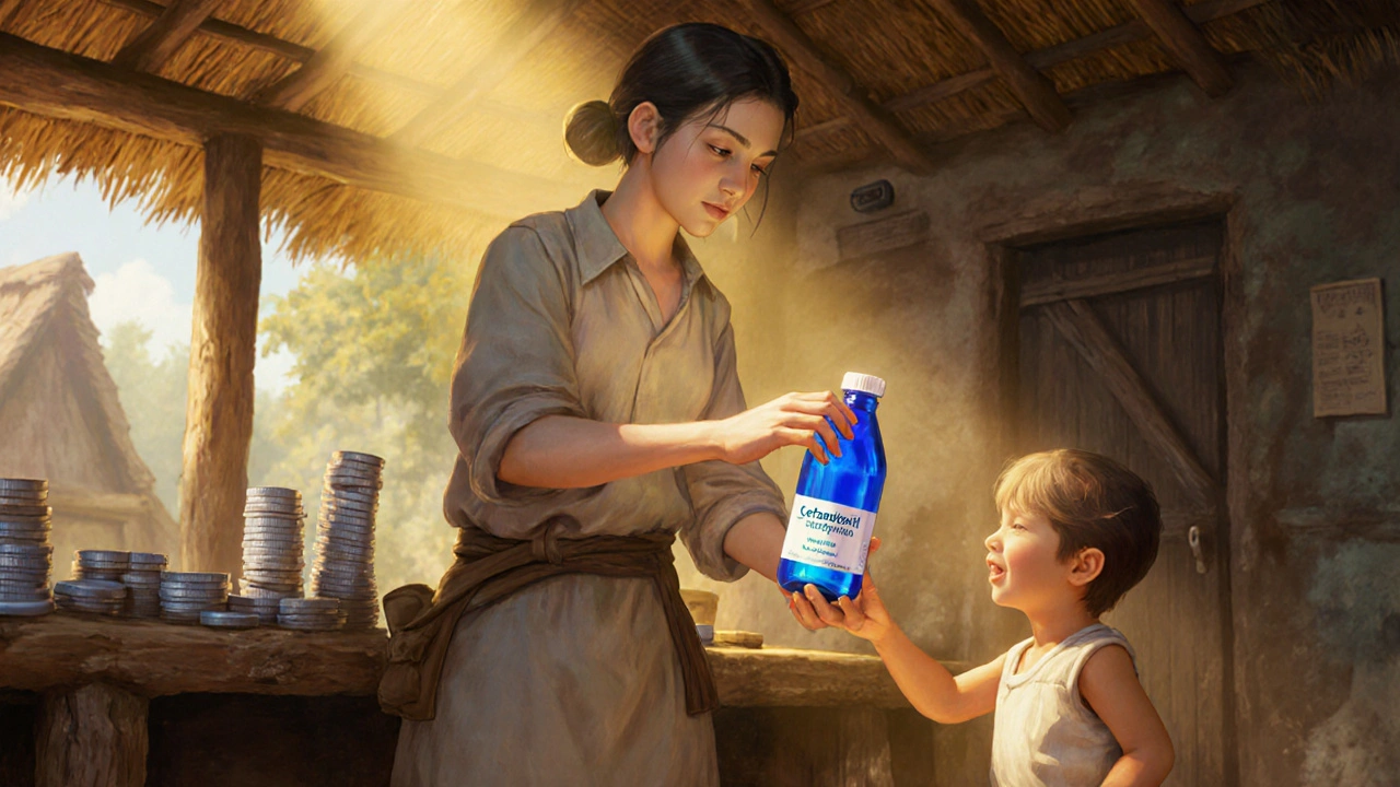 Healer gives a child a Cefadroxil suspension bottle in a bright village clinic.