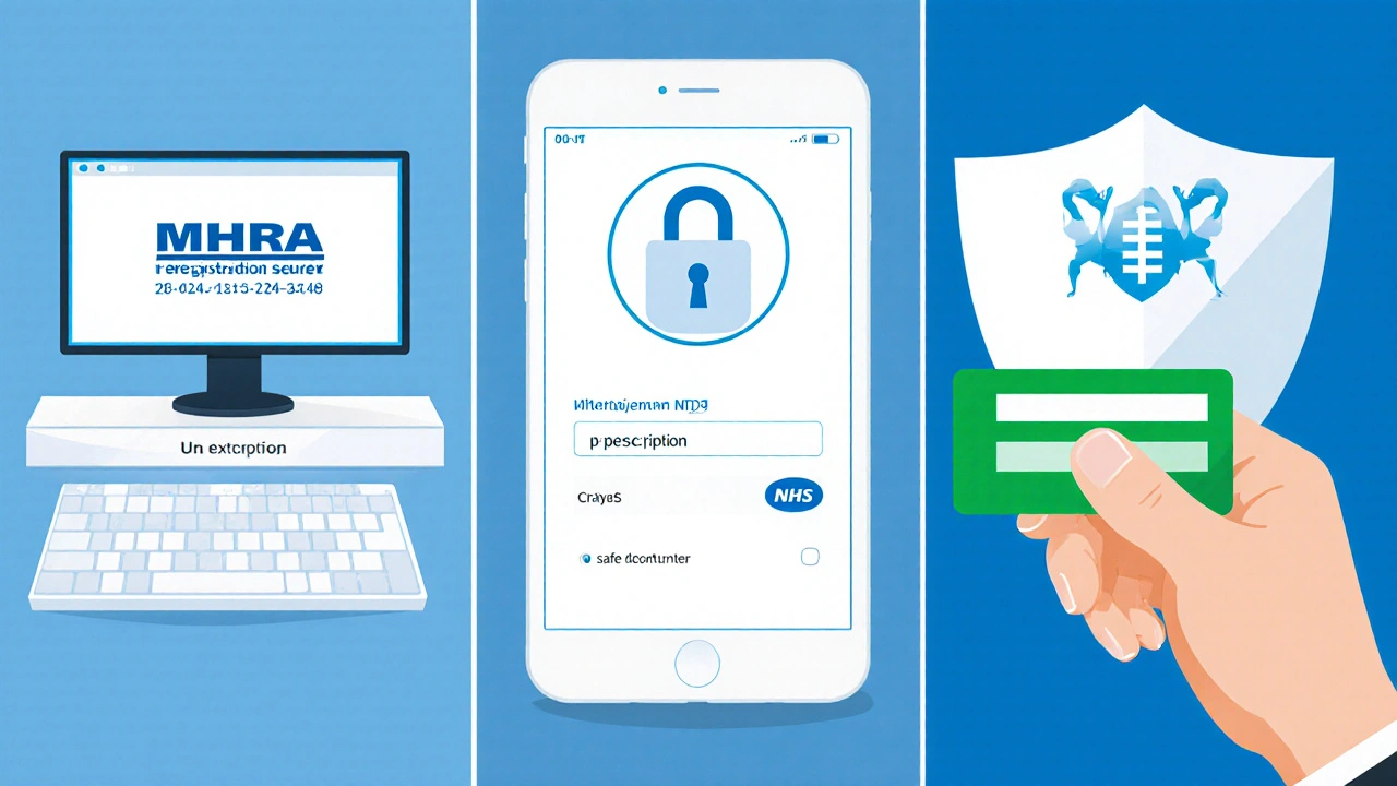 Illustrated checklist showing MHRA number, secure prescription upload, and safe payment.
