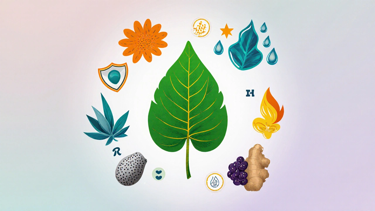 Illustrated circle of various herbs around a central neem leaf, each linked to its key benefit.