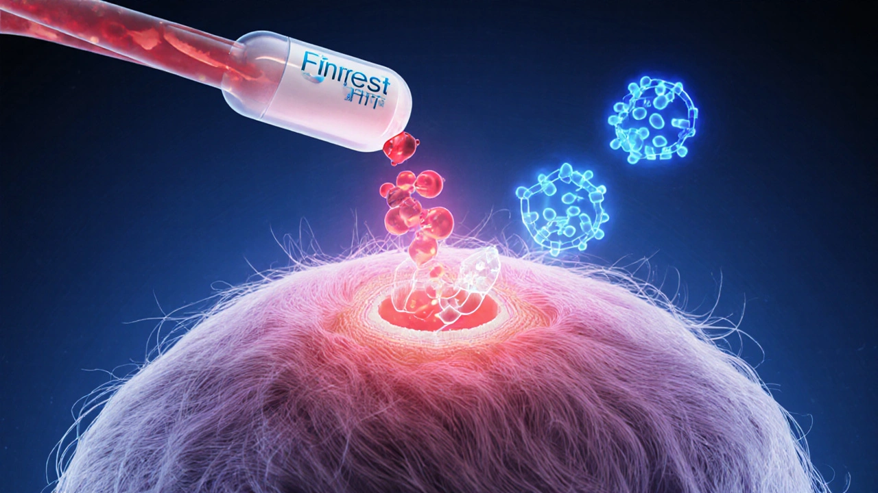 Illustration of a hair follicle with DHT blocked by Finrest molecules.