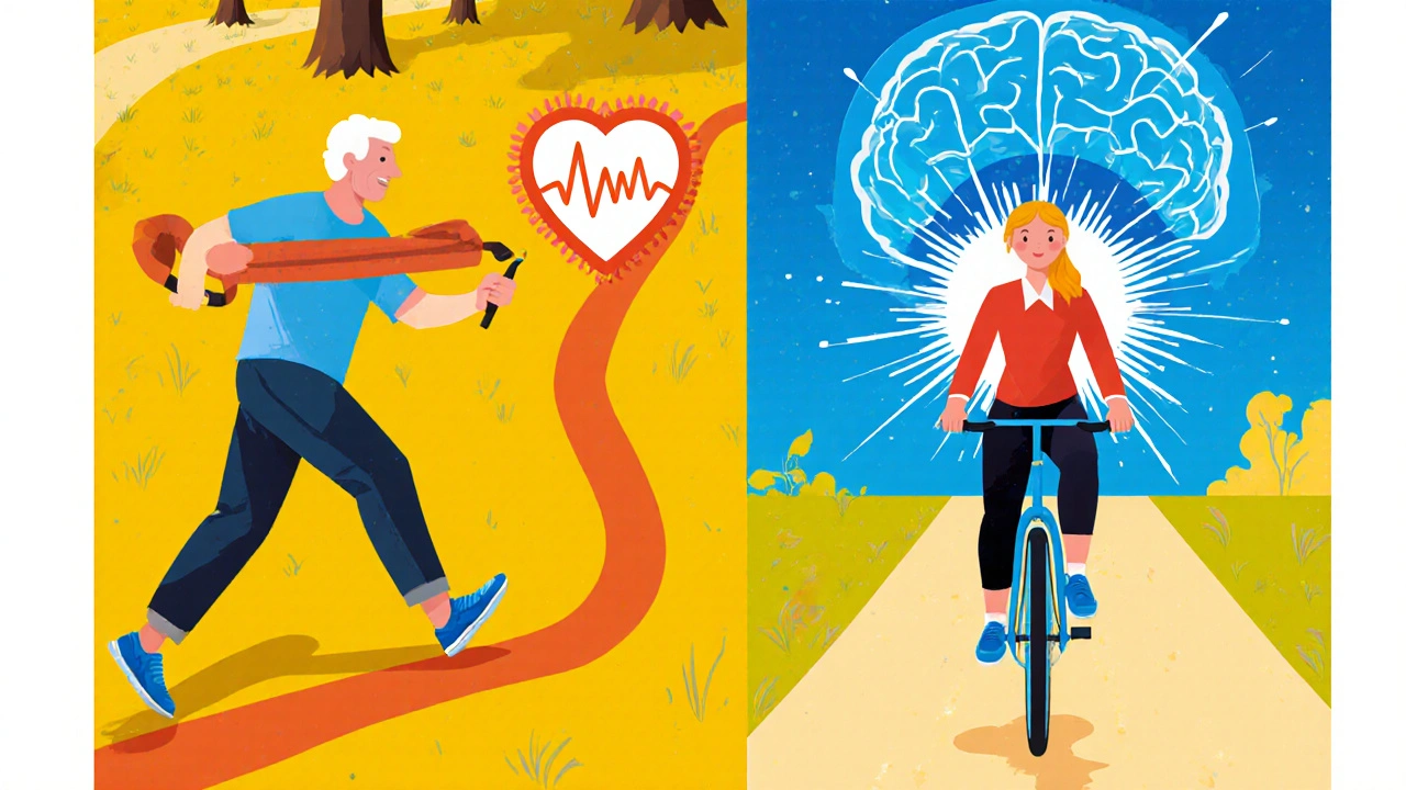John walking with resistance band and Maria cycling/yoga showing health improvements.