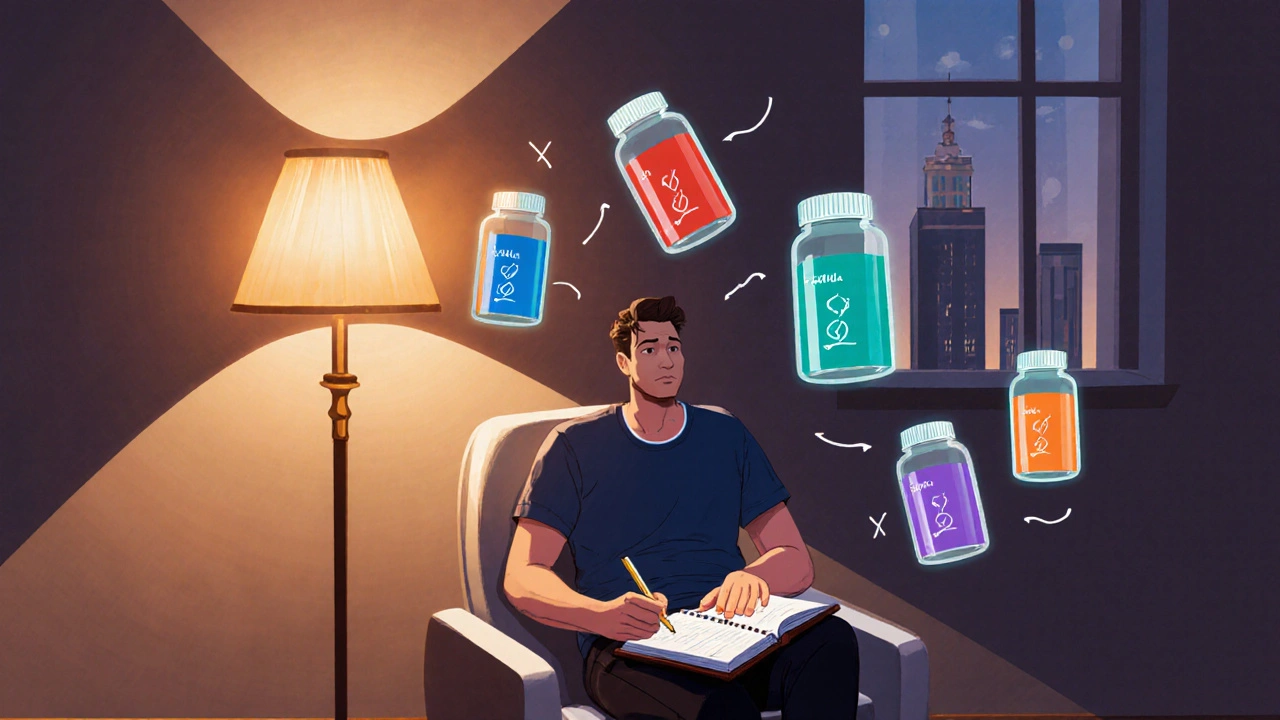 Man reviewing a logbook while contemplating different ED pills in a stylized Polish poster scene.