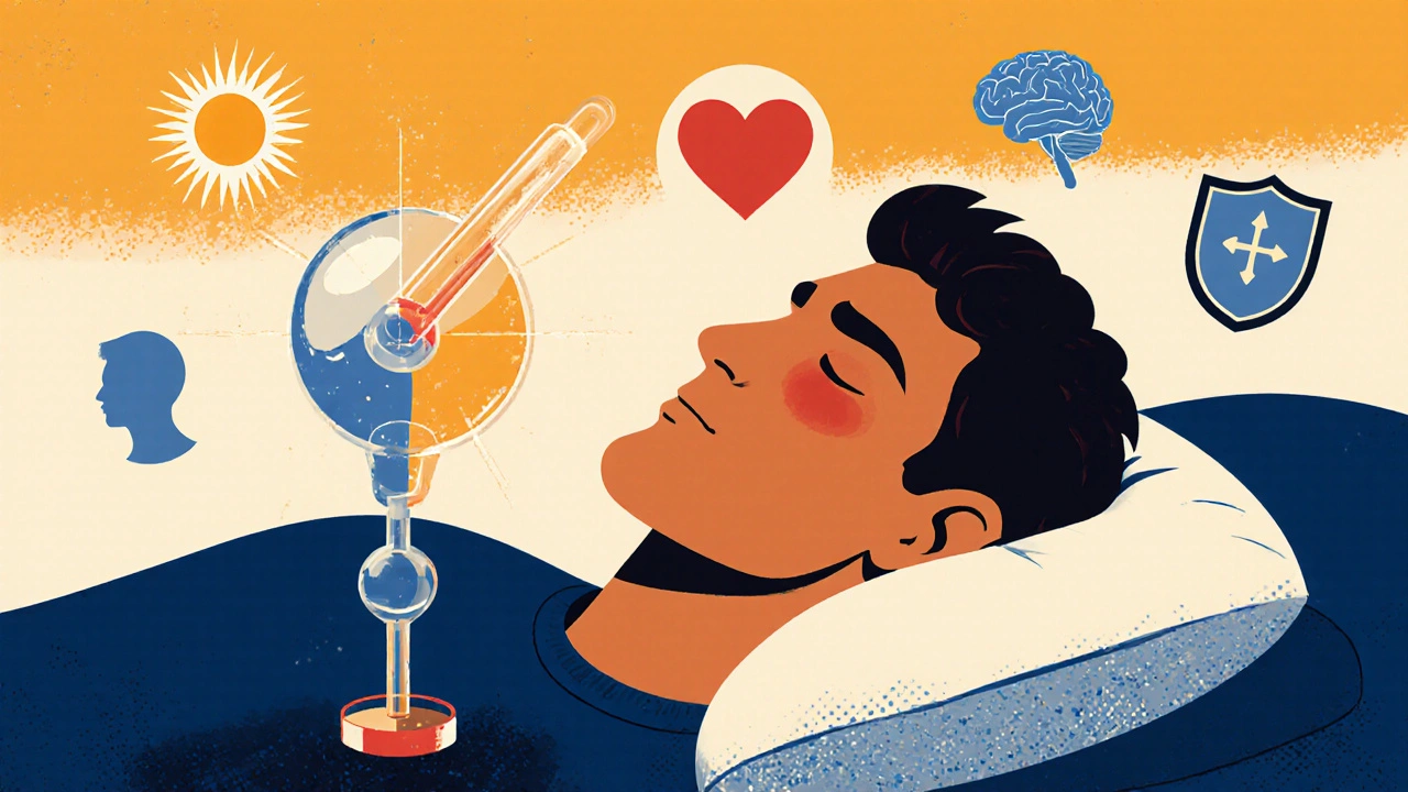 Man sleeping peacefully as testosterone molecules flow into his body, with icons for energy, libido, and skin protection.