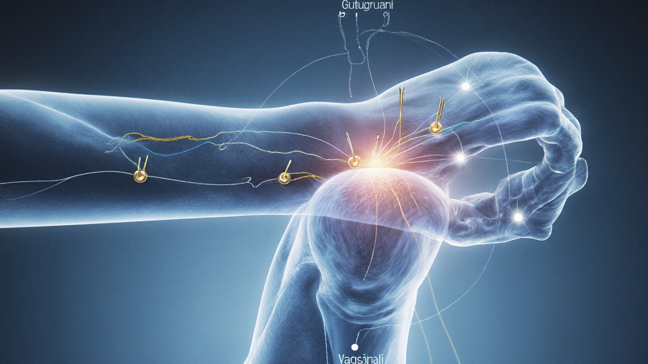 Medical illustration of acupuncture needles at PC6 and ST36 stimulating the vagus nerve.