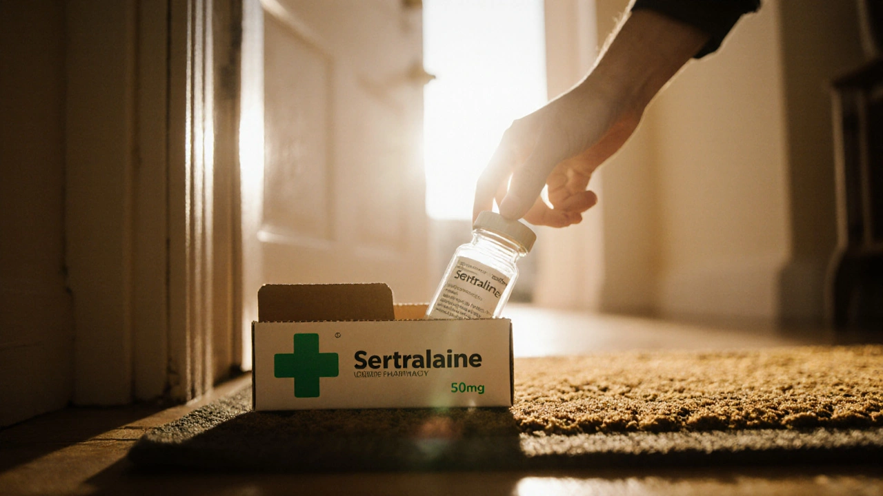 Morning delivery of a Sertraline bottle with UK pharmacy symbol on a doorstep.