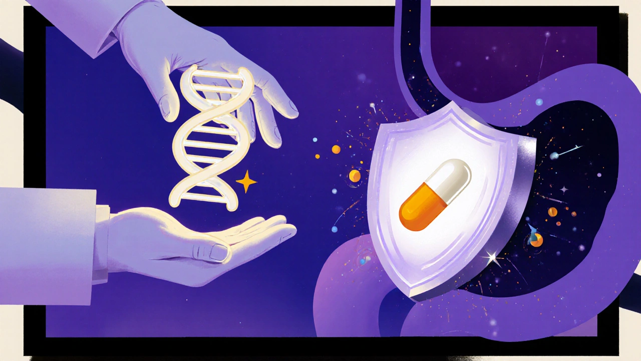 Patient getting a DNA test while a pharmacist offers a glowing vonoprazan capsule over a shielded stomach.