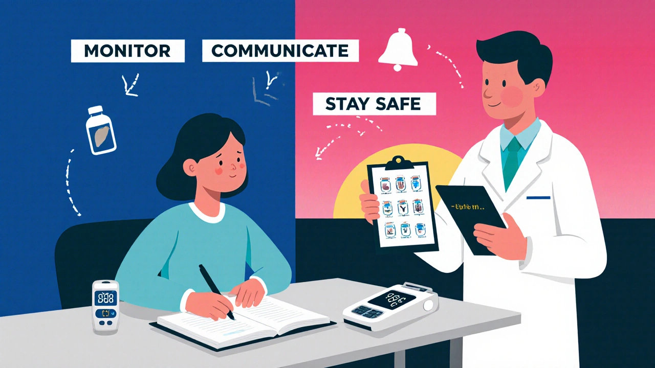 Patient with medication journal, glucose monitor, and doctor reviewing labs in vivid poster illustration.