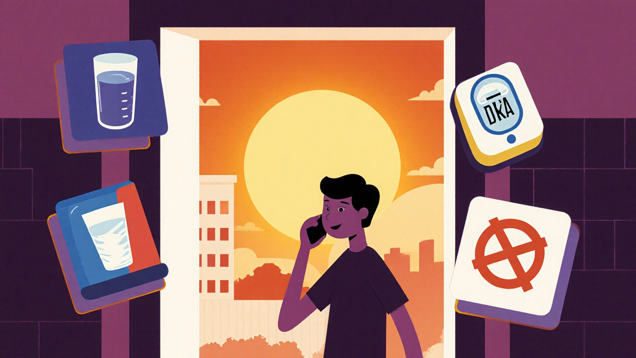 Person outside a hospital holding a phone, sunrise and health icons around.