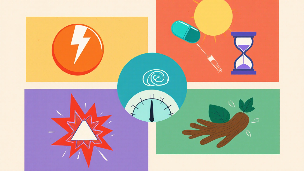 Poster collage of six alternative sexual health options with icons and symbols.