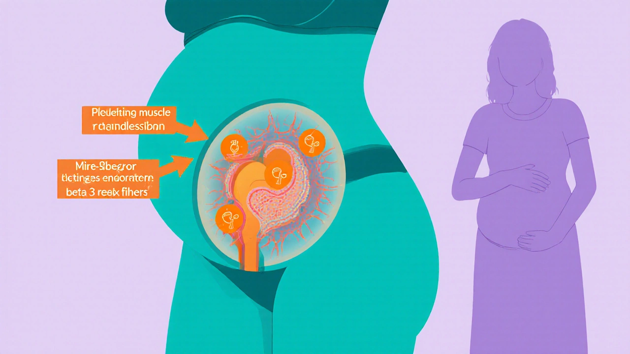Poster illustration of a pregnant uterus pressing on a bladder with highlighted beta‑3 receptors and relaxation arrows.