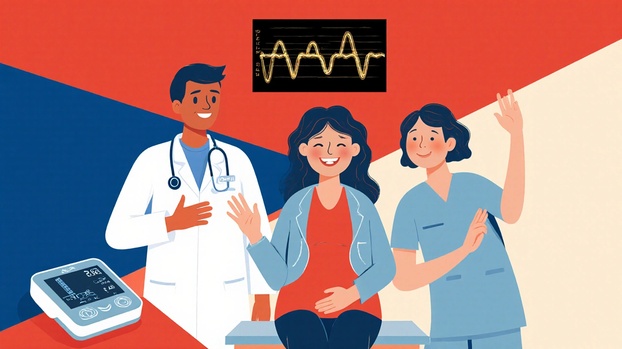 Poster showing a pregnant woman with her OB‑GYN, urologist, and physiotherapist discussing care and monitoring.