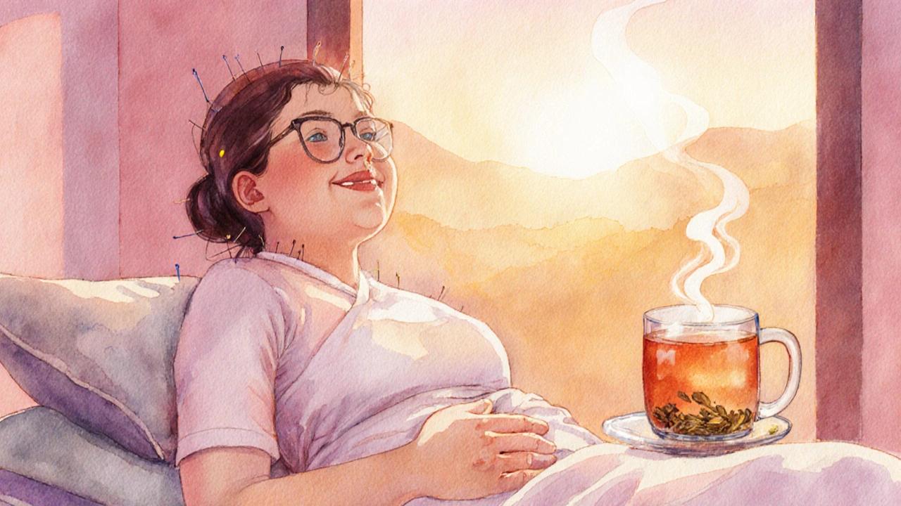 Relaxed individual sipping tea, appearing relieved after acupuncture treatment.