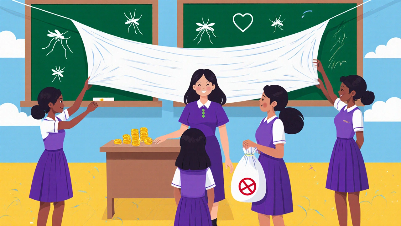 Schoolgirls learning to hang a net, guided by a teacher, with a micro‑grant coin bag nearby.