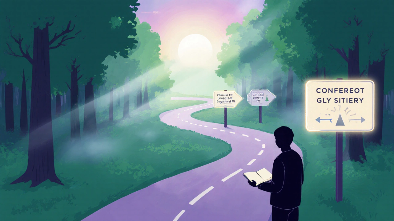 Silhouette on a forest path with glowing signs for clinical, logistical, and personal fit.