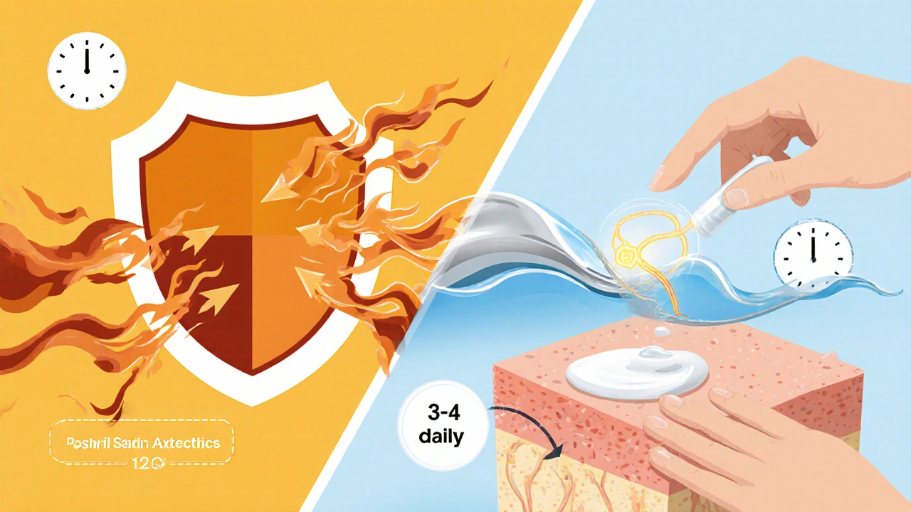 Split illustration showing anti‑inflammatory shield and anesthetic wave over skin with cream.