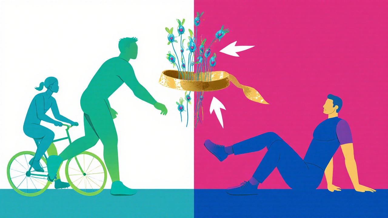 Split scene of cycling/walking and weight‑lifting highlighting vessel benefits.