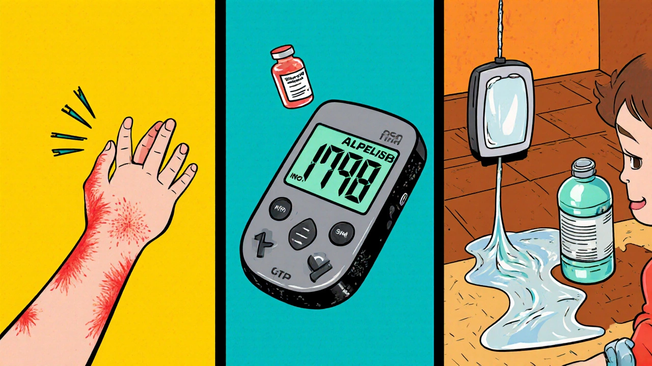 Split scene showing rash, high glucose meter, and diarrhea with bright cartoon icons.