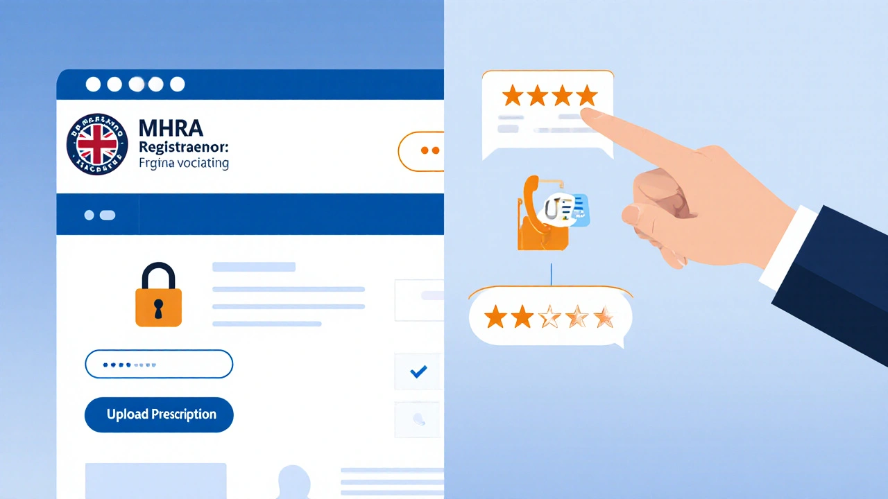 Split-screen showing online pharmacy trust icons: MHRA badge, address, and rating stars.