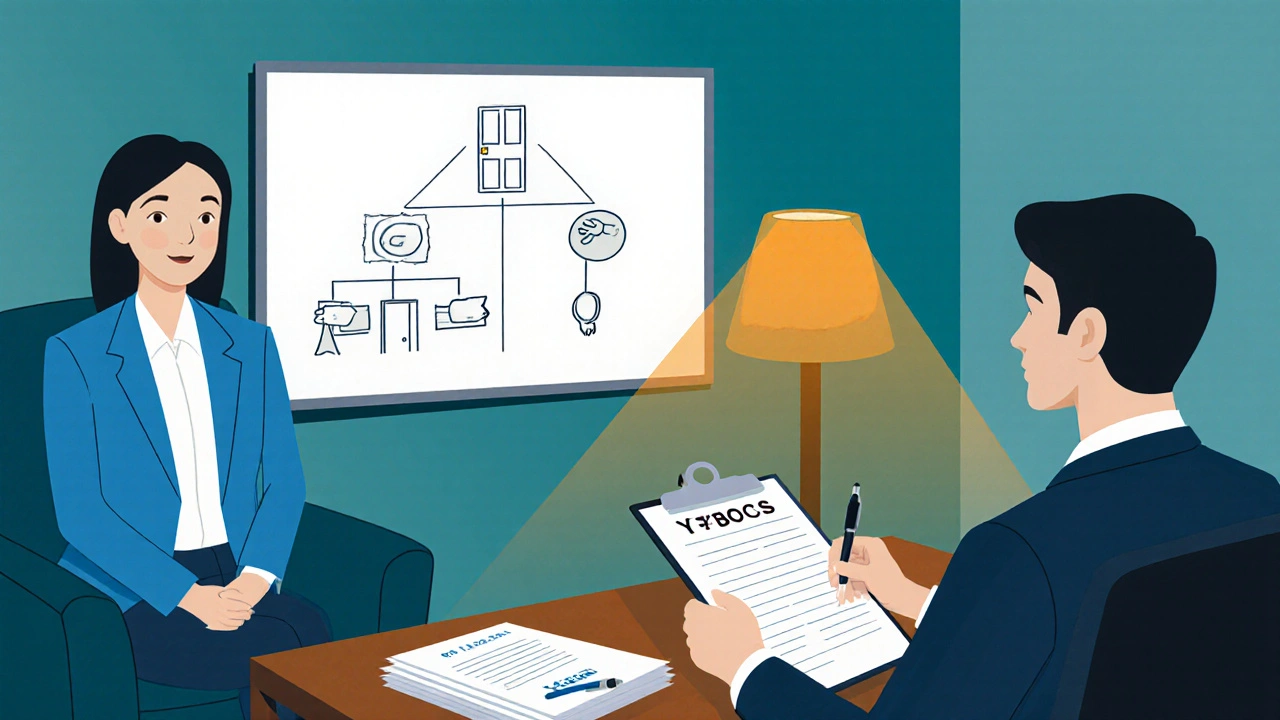 Therapist and client discussing a treatment plan with a Y-BOCS scale and exposure hierarchy diagram.