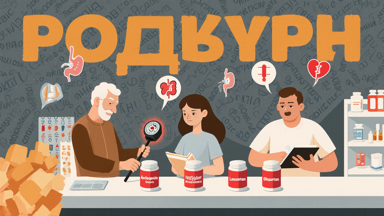 Three diverse patients at a pharmacy counter choosing different blood pressure medications, illustrated in bold poster style.