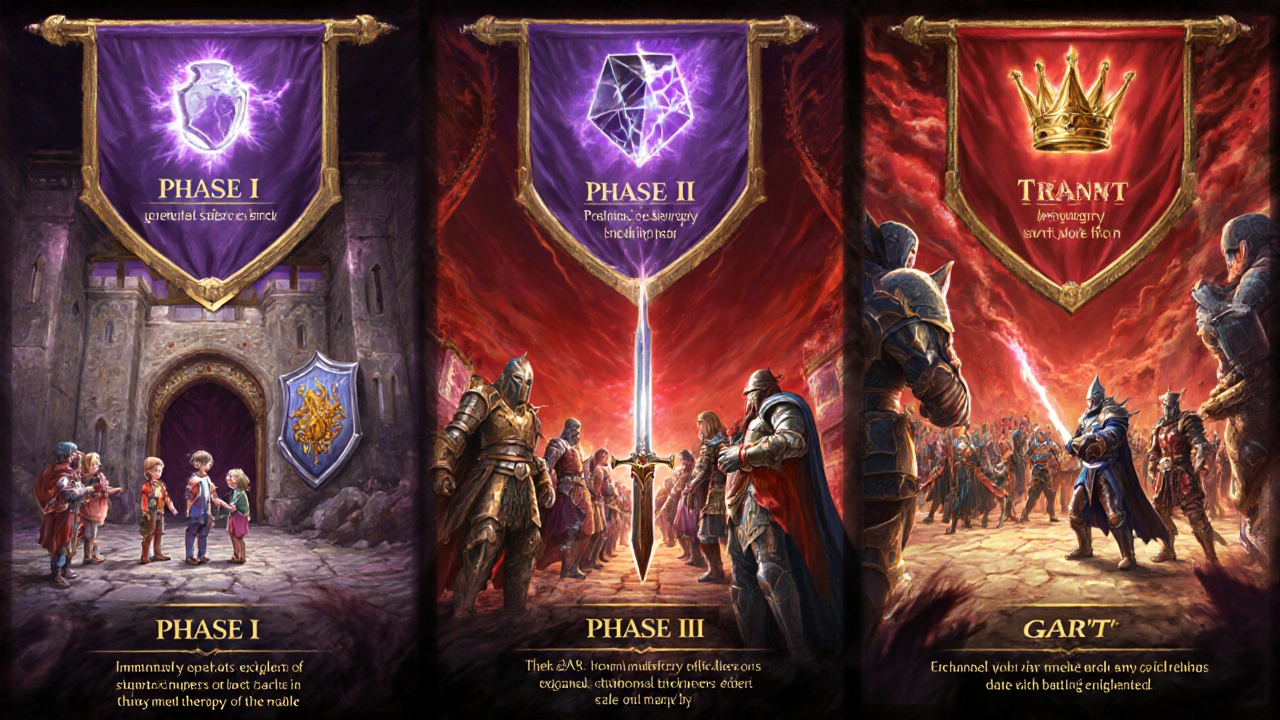 Three quest panels showing Phase I safety citadel, Phase II market arena, Phase III triumph arena with magic icons for therapies.