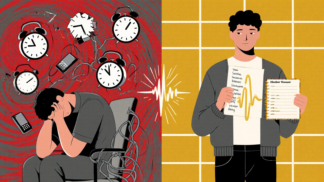 Two contrasting figures: one overwhelmed by broken clocks, the other calm with a glowing planner.