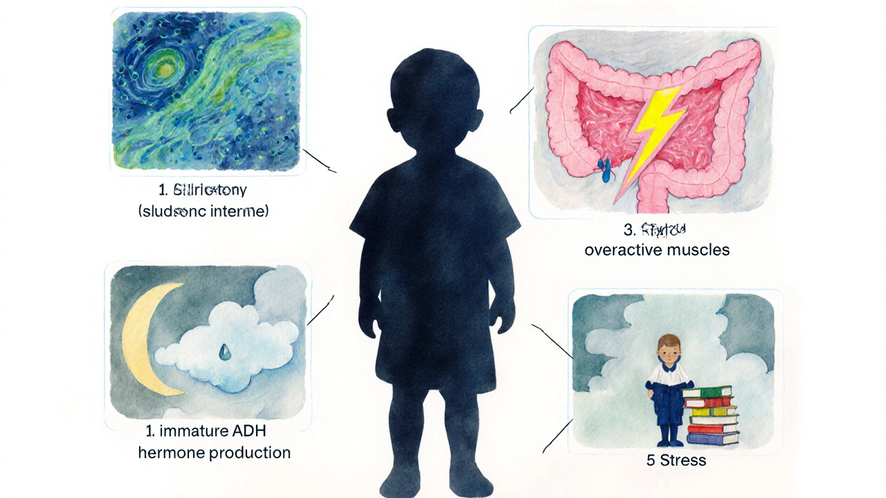 Watercolor panels depict causes of child urinary incontinence: infection, constipation, overactive bladder, hormones, stress.