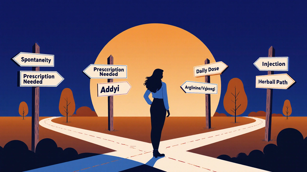 Woman at a crossroads with signposts for different treatment choices.