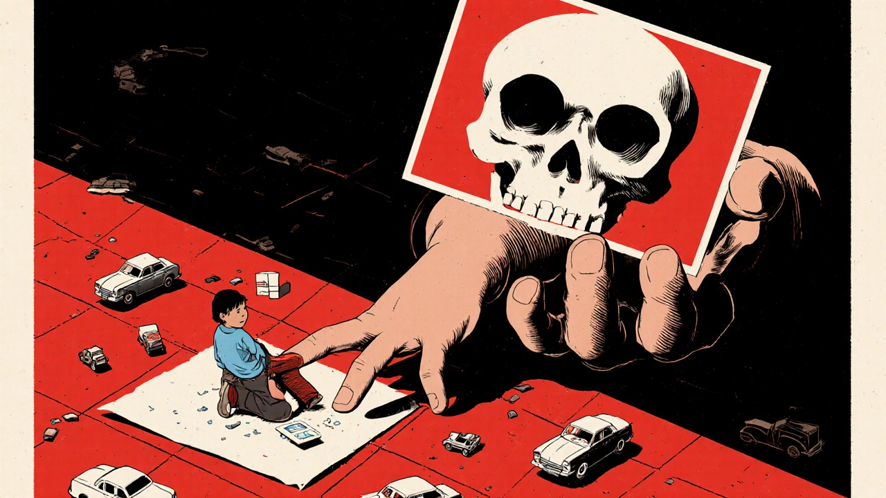 A child reaching for a discarded fentanyl patch while a looming skull-shaped warning shadow looms overhead.