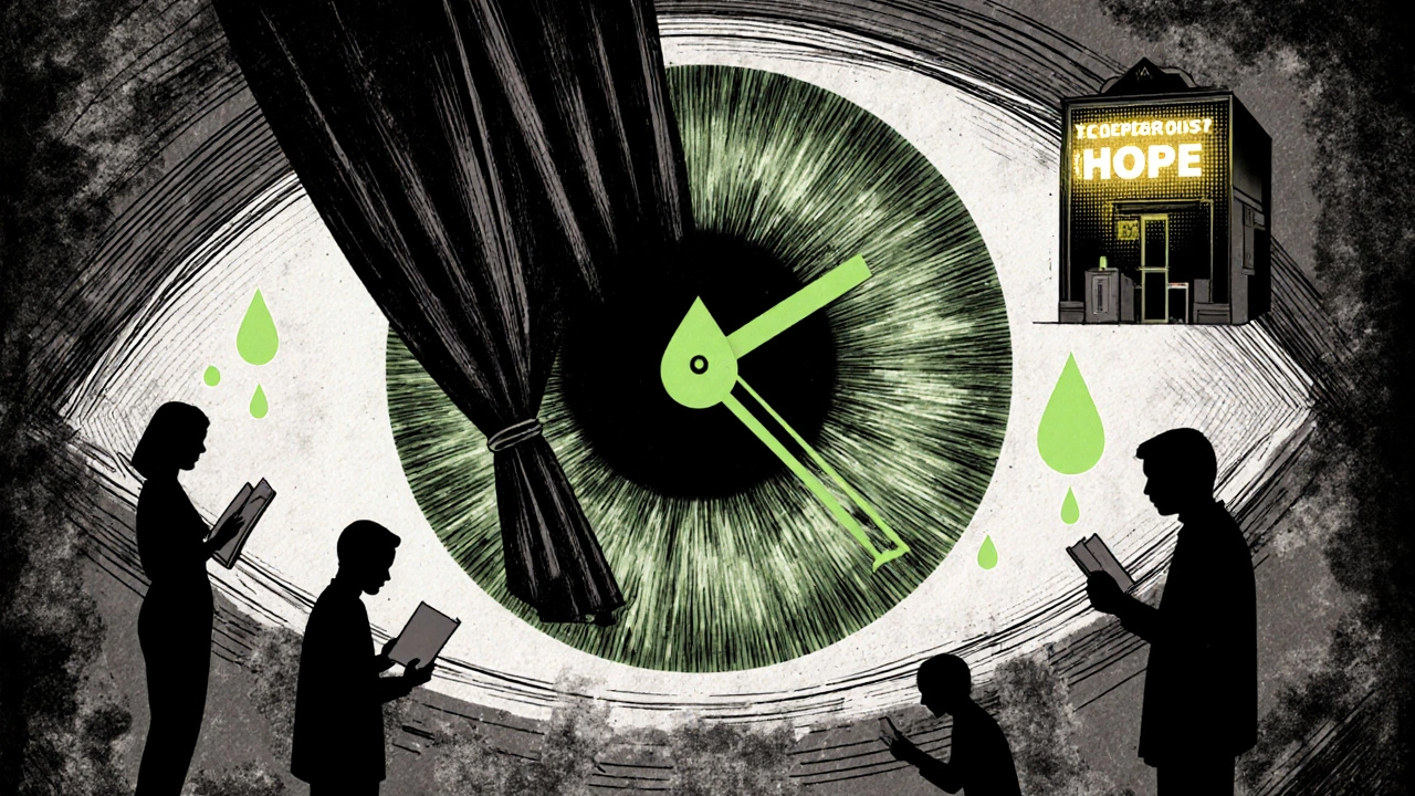 A clock with an iris face, dark curtain rising, while people ignore symptoms and one turns toward a glowing eye specialist office.