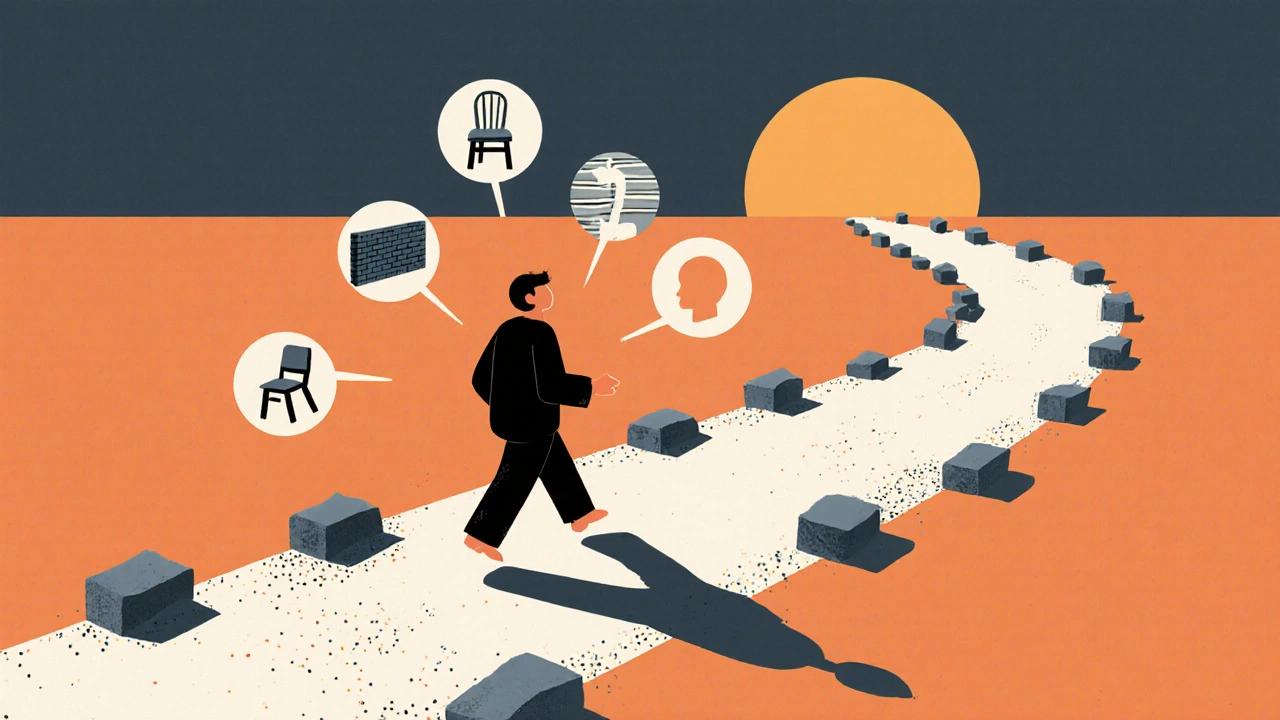 A figure walking on textured ground with floating balance exercise icons, their shadow growing strong and steady.