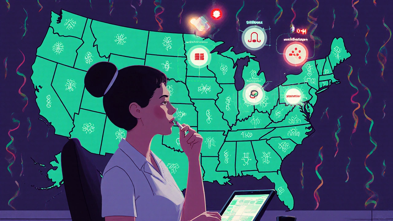 A nurse swabbing a patient’s cheek while a genetic dashboard hovers above, showing drug-gene matches in a futuristic clinic.