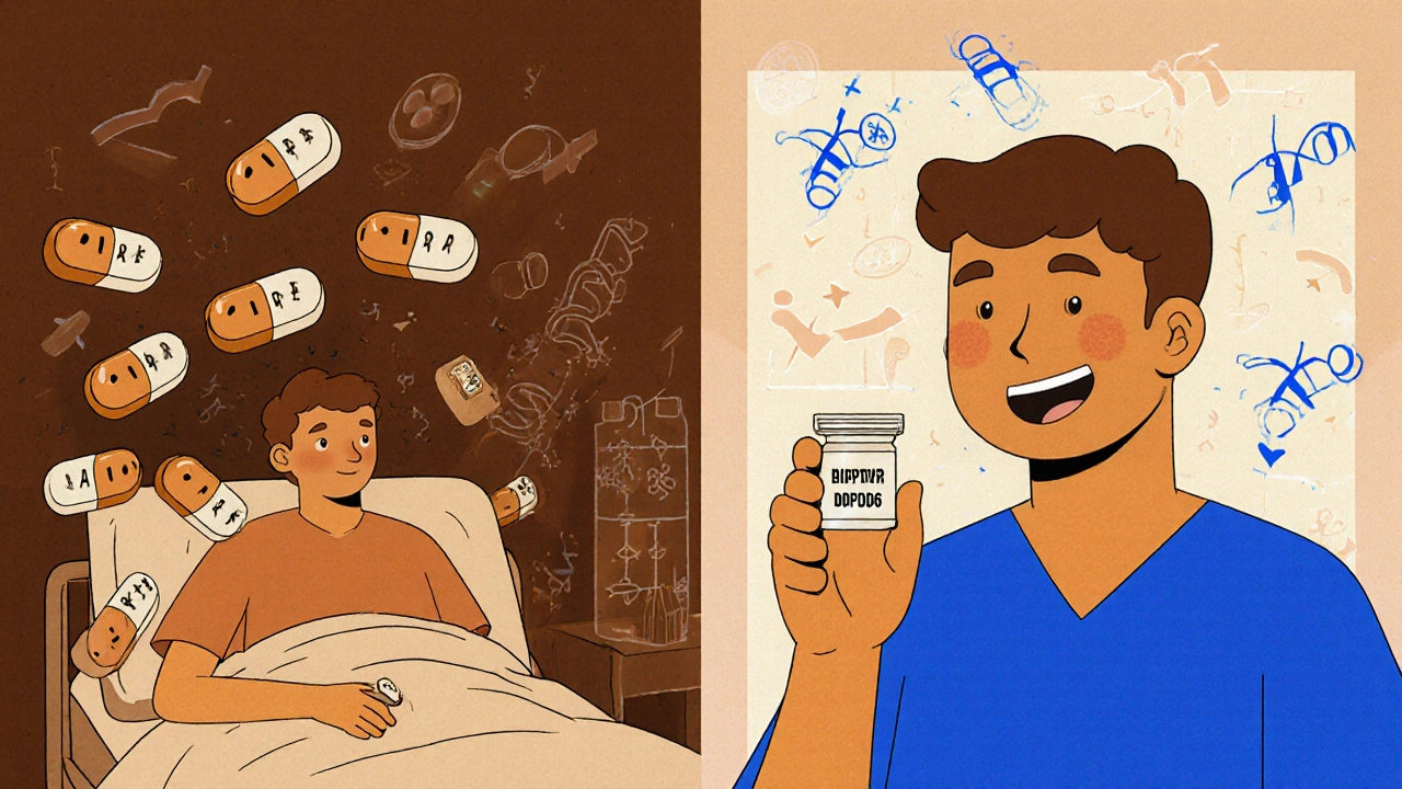 A patient surrounded by failed pills on one side, and one effective pill with a glowing gene map on the other, representing treatment success.