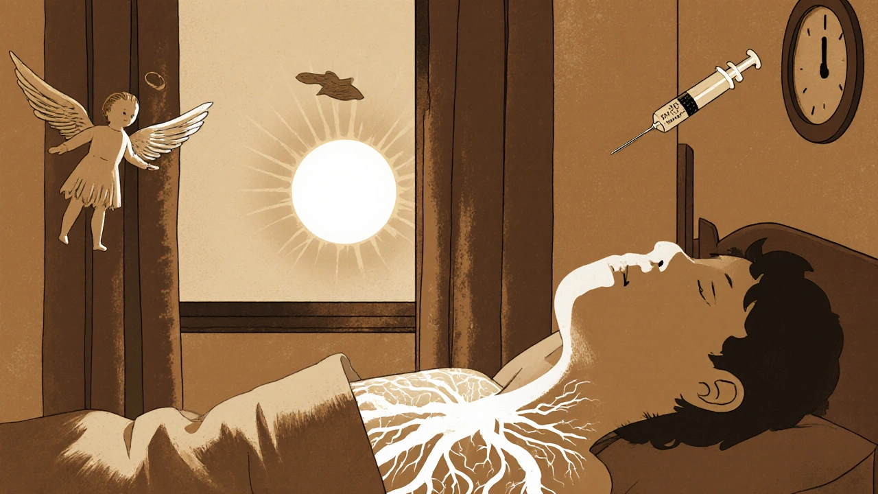 A person’s body cracked open showing fentanyl-filled veins, with a blazing sun and naloxone syringe above.