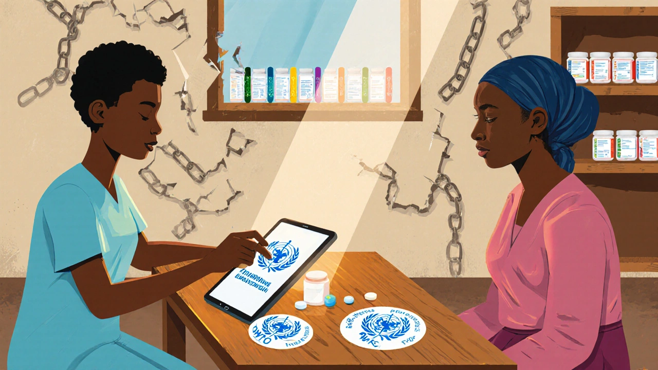 A pharmacist gives a child-friendly pill to a mother in a rural clinic, with a glowing WHO app and broken supply chains in the background.